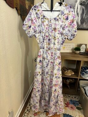 J. Crew White Floral Puff-Sleeve Maxi Dress with Lavender Accents